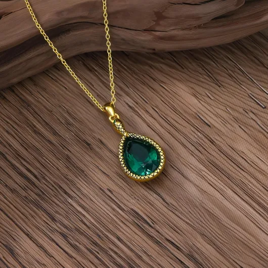 Collier pendentif en plaqué or 18 carats, forme goutte, émeraude vintage, chaîne serpent, 45 cm + chaîne d'extension de 5 cm