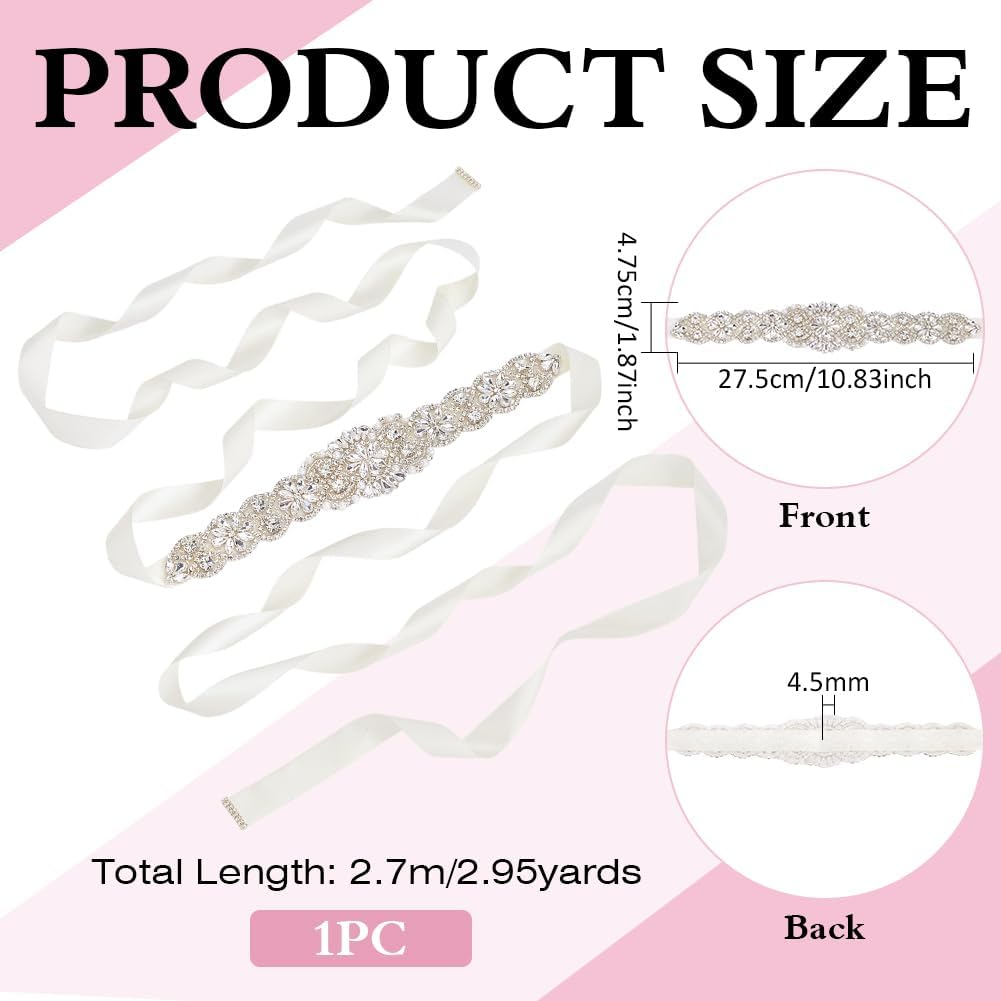 2.7 m Ceinture de Mariée Cristal Décorée Ceinture Strass Satin Ceinture de Mariées Cristal Faite à la Main avec Ruban Blanc Fleuri Ajustable pour Robes Mariées Occasions Spéciales Argenterie