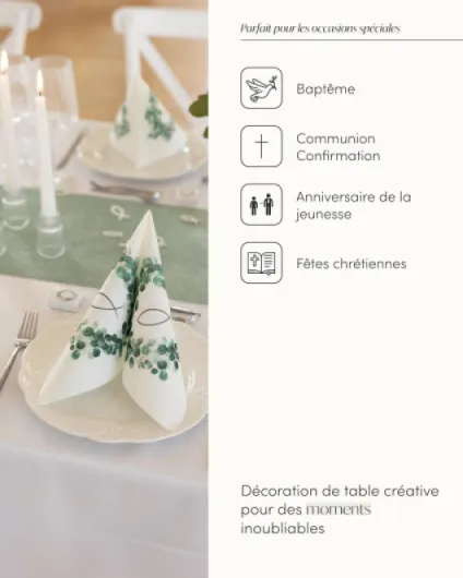 100%Mosel Kit Décoration de Table – Couronne Eucalyptus & Poisson (25–50 Invités) – Set Complet pour Communion avec Chemin de Table, Serviettes Airlaid & Confettis