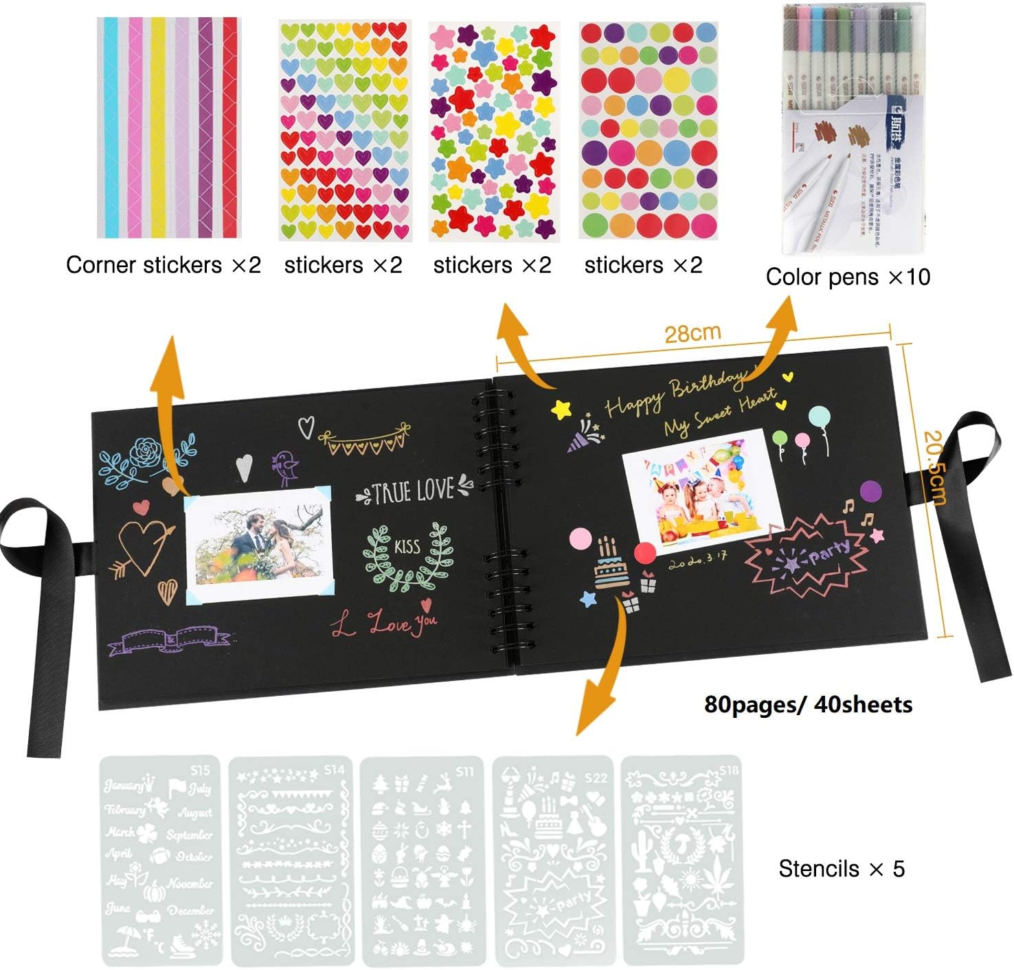 Album Photos, 28x21cm Traditionnel Scrapbook 80 Pages Noires Mariage Livre d'or, DIY Scrapbooking Set avec 10pcs marqueurs stylos 5pcs Pochoirs 6pcs Autocollants et 2pcs Coins Photo