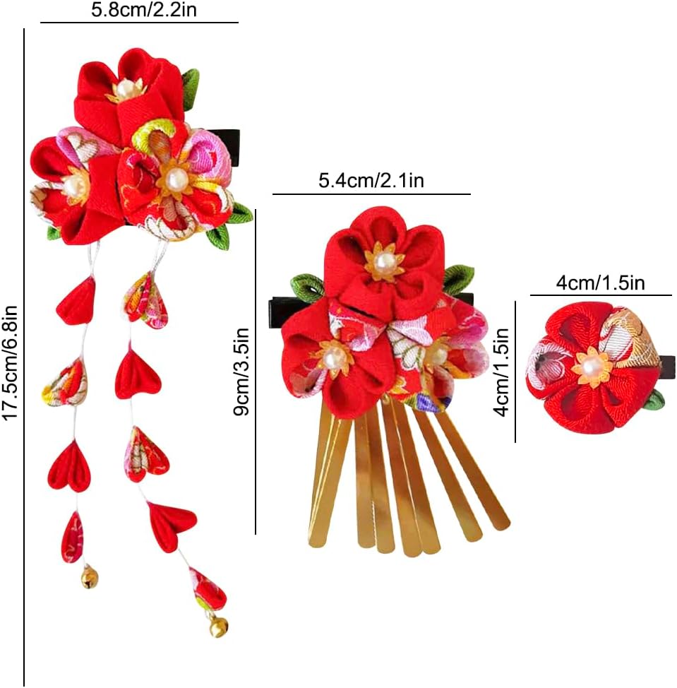 Umibow Lot de 3 pinces à cheveux japonaises en forme de fleur kimono - Épingles à cheveux de style japonais traditionnel Tsumami Kanzashi - Accessoires de cheveux de mariage pour femme Rouge