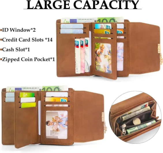 Porte Monnaie Femme en Cuir PU Rétro Petit Portefeuille Femme Blocage RFID Porte Feuille pour Femme, Portefeuilles avec 16 Emplacements Cartes et Fermeture éclair Poche à Monna (Marron)