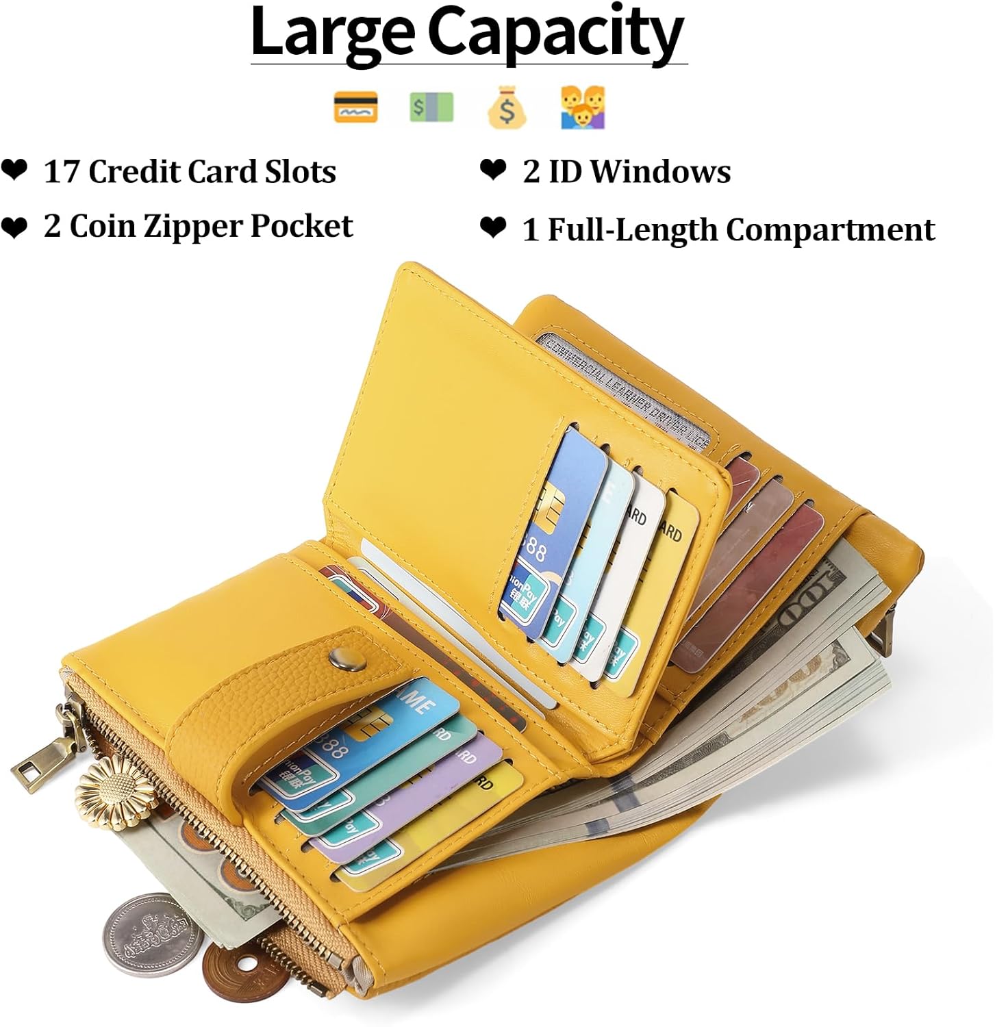 Porte Monnaie Femme, Moyenne Portefeuille Femme en Cuir à Trois Volets, Blocage RFID Portefeuille pour Femme avec Fentes pour Cartes, Poche à Monnaie et Dragonne Amovible Jaune