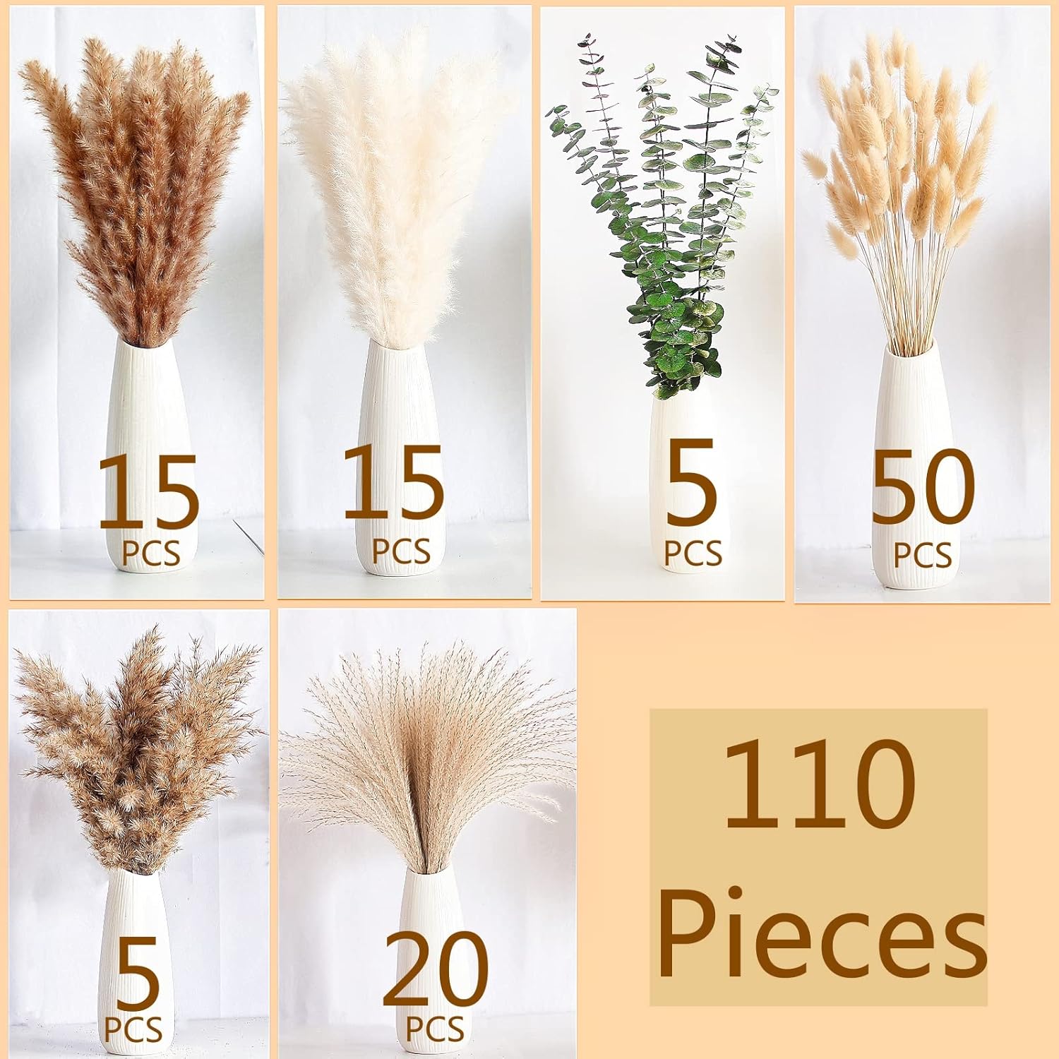 Ensemble de 110 pièces de décoration en Pampas bohème, Pampas naturellement séchées, Fleurs de Queue de Lapin séchées et Eucalyptus séché - Parfait pour Les Mariages, Les Decorations de fête Boho Typ A110