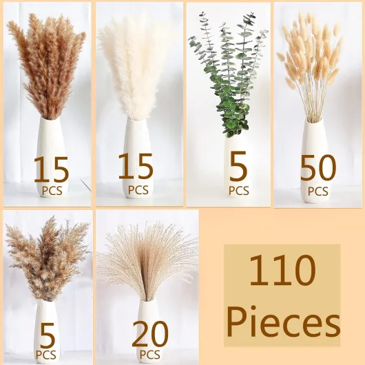 Ensemble de 110 pièces de décoration en Pampas bohème, Pampas naturellement séchées, Fleurs de Queue de Lapin séchées et Eucalyptus séché - Parfait pour Les Mariages, Les Decorations de fête Boho Typ A110