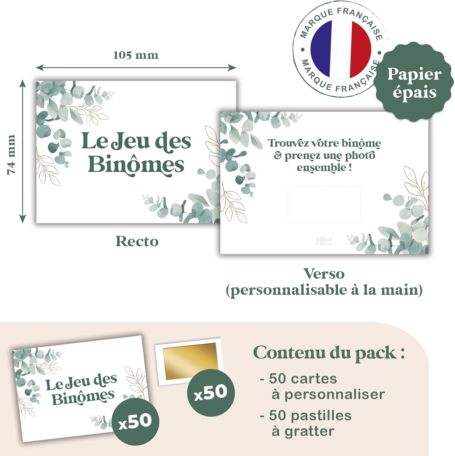 Jeu Binômes Mariage à Gratter - 50 Cartes Personnalisables - Animation Invités Photobooth - Design Eucalyptus Champêtre - Accessoire Mariage Original