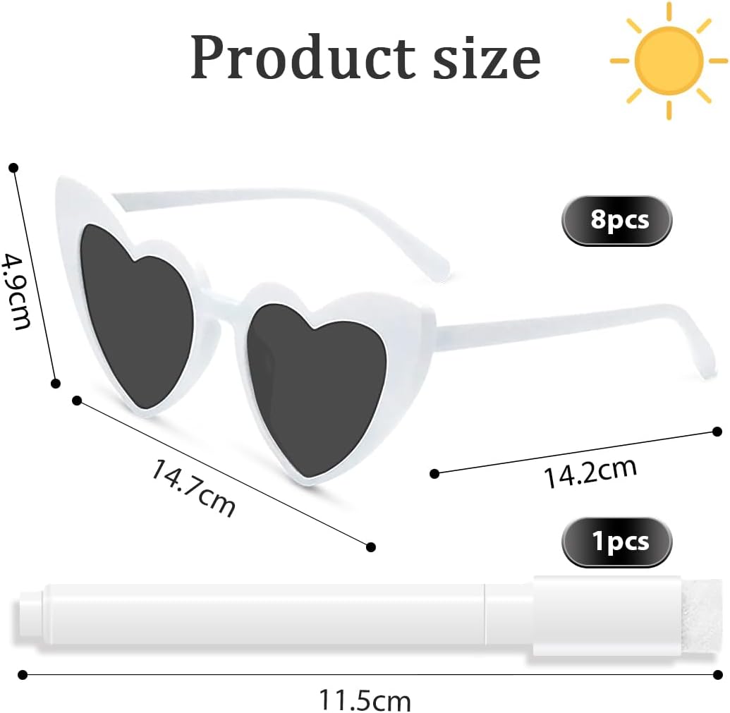 Lunette Coeur, 8pcs Lunettes de Soleil Cœur avec Marqueur Blanc, DIY Lunettes de Soleil, Lunette EVJF, Accessoires de Fête pour Mariage Party Anniversaire Noël Cosplay
