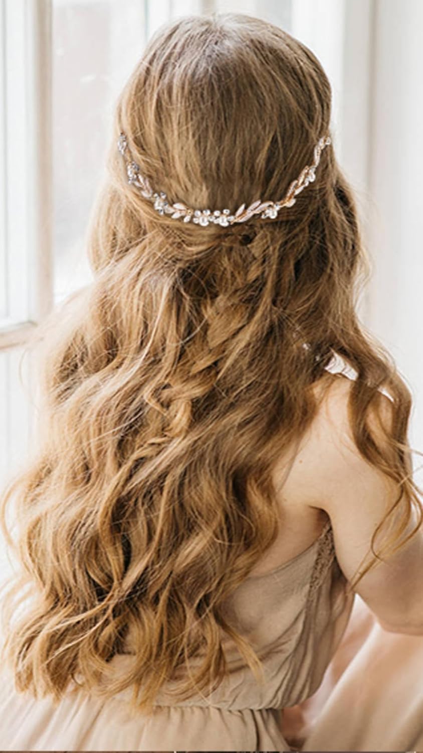 Accessoire Cheveux Bohème, Headband de Mariée, Vigne de Cheveux, Diadème Mariage Vintage Avec Feuilles et Cristal pour Femmes, Filles, or
