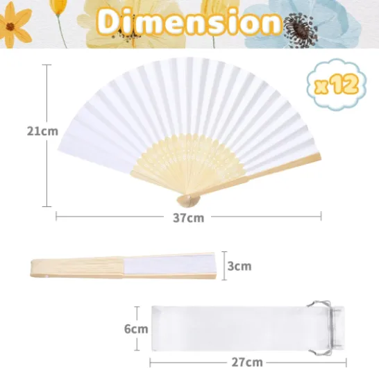Eventail Mariage Blanc Lot de 12 Éventail Pliant en Papier et Bambou avec 12 Sacs en Organza Cadeau Invité Décoration Baptême et Fête Personnalisable DIY (21 cm) Blanc 12