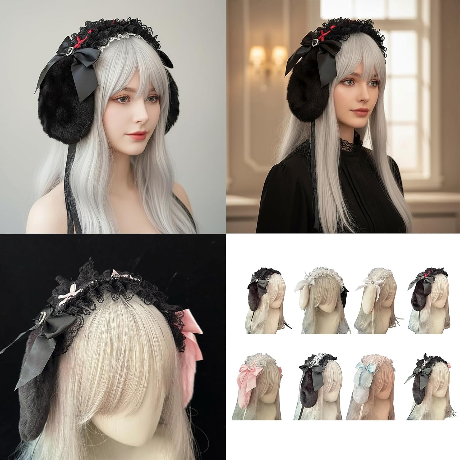 Bandeaux élégants en dentelle avec oreilles de lapin, nœuds en cristal, bandeau réglable et respirant, accessoire de cheveux pour femme, mariage, fête Noir