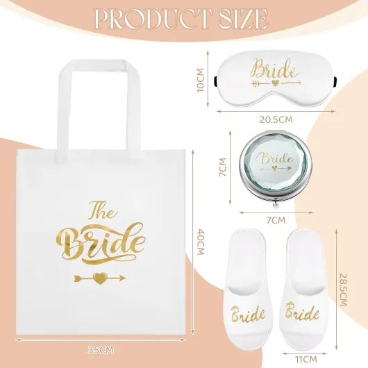 Hestya 6 Pcs Cadeaux de Douche Nuptiale Comprenant Pantoufles, Chouchou Rose, Bandeau des Cheveux, Sac Fourre-Tout, Masque des Yeux en Soie, Miroir de Maquillage pour Mariée Mariage Or