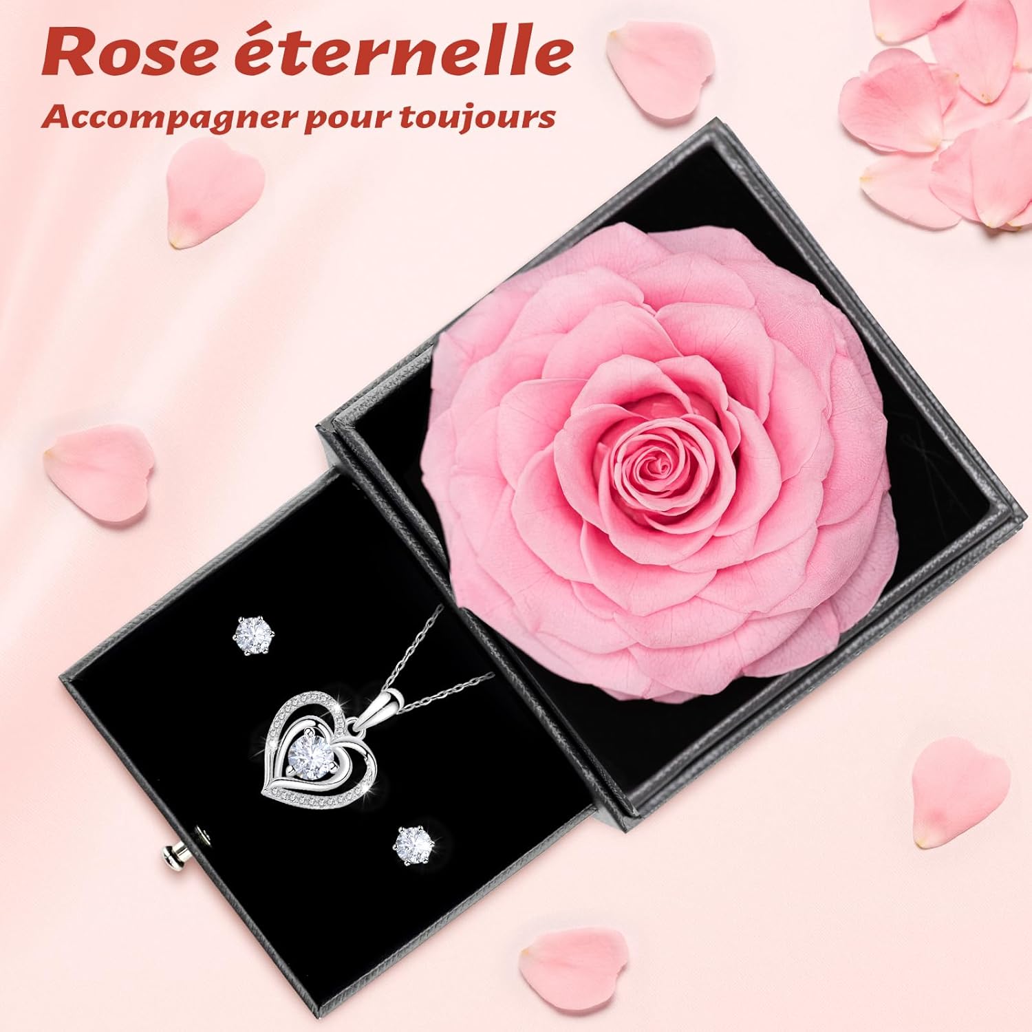 Rose Eternelle avec Bijoux Argent 925,Collier Coeur Boucles d'oreilles,Coffret Cadeau Femme,Rose Préservée avec Collier,Cadeau Anniversaire Femme,Amour Cadeau,Fete des Meres,Noël,Saint-Valentin