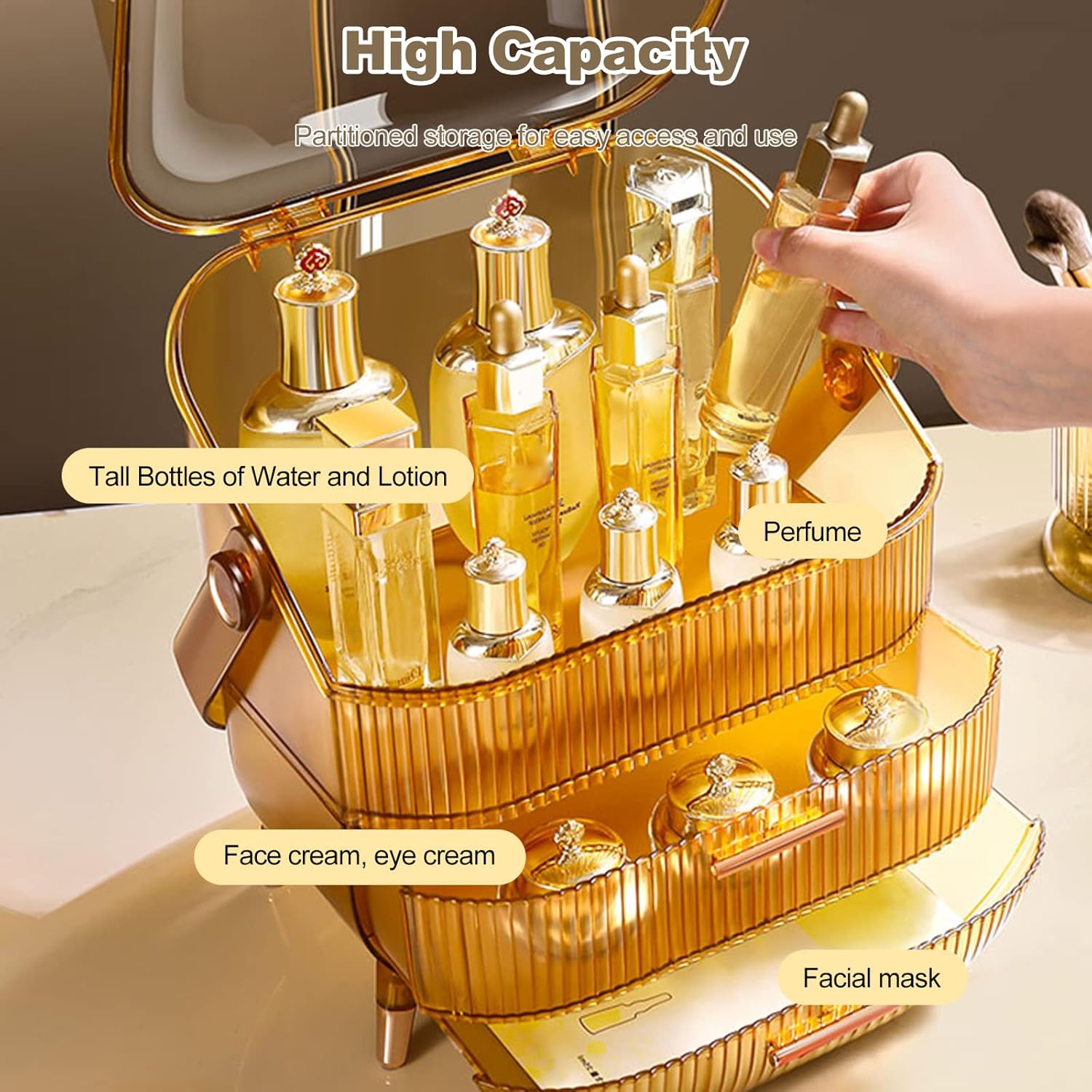 Série RétroGrande Capacité Anti-Poussière Bouteille Haute Organisateur Maquillage Bureau Tiroirs Rangement de Bijoux en Plastique Boîte de Rangement de Cosmétiques Conteneur - Ambre