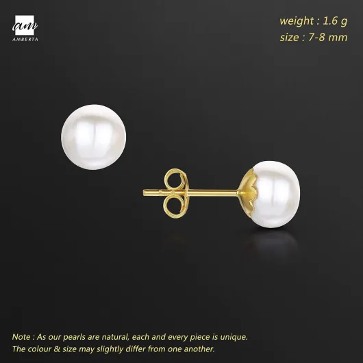 Boucles D'Oreilles pour Femme en Argent 925/1000 avec Perles 7-8 mm / Plaqué Or Perle Blanche