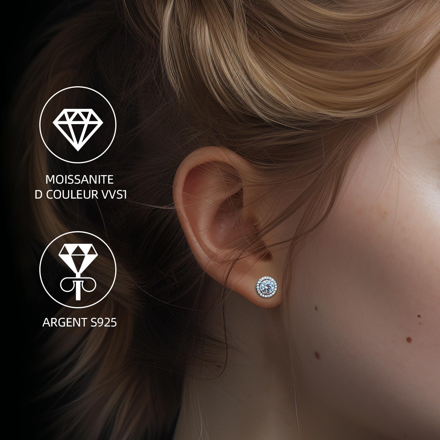 Boucles d'oreilles en moissanite pour femmes, 1 carat, diamant cultivé en laboratoire, en argent sterling 925 plaqué or blanc 18K, couleur D, pureté VVS1, boucles d'oreilles en argent, bijoux, cadeau