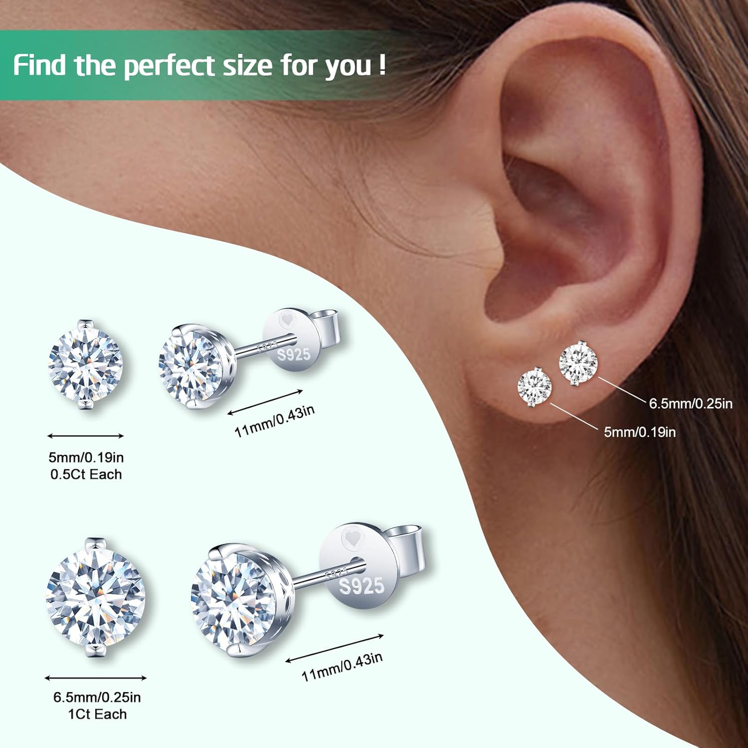 Boucles d'oreilles en diamant pour femme: clous d'oreilles en argent 925 avec 2 carats moissanites - couleur D clarté VVS1 6,5 mm diamant rond avec certificat GRA - bijoux de mariage 1ct (diamant individuel)-6,5mm