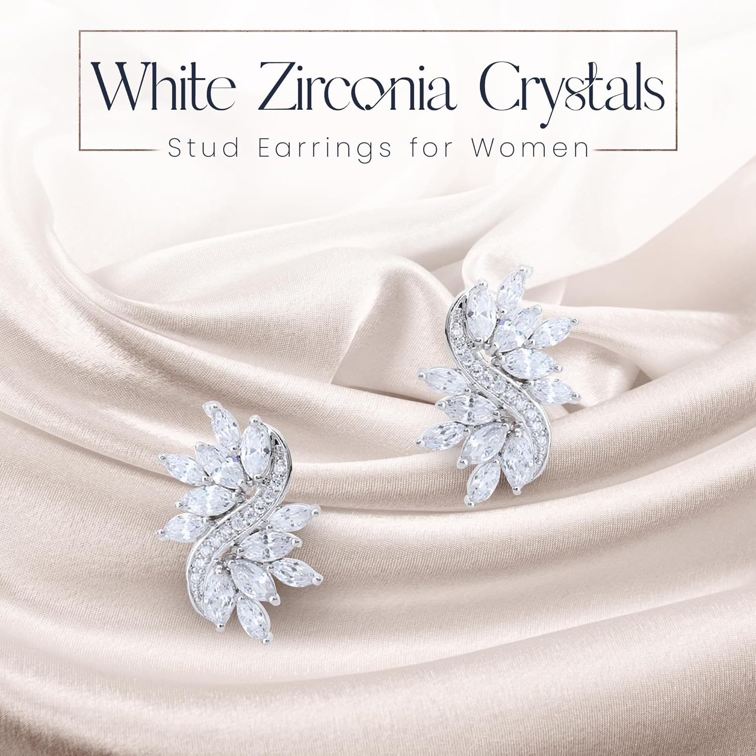 Femme Clous Boucles d'Oreilles de Mariage 18ct Plaqué Or Blanc avec Cristaux en Zircone