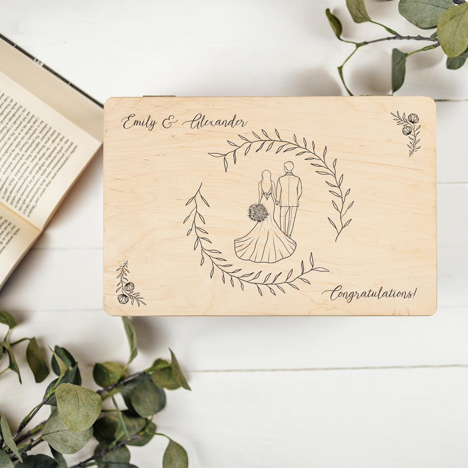 Cadeau de Mariage Personnalisé - Boîte à Souvenirs de Mariage - Coffret Cadeaux Personnalisable Jeunes Mariés/Couple - Motif de Mariage Multiple - Boîte en Bois 30 x 20 x 14 cm 12 - Mariage