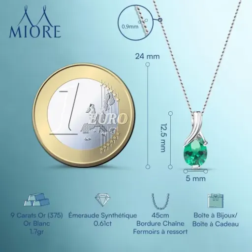 Test Collier MIORE Or blanc 9k Émeraude : joli petit pendentif pour offrir sans se ruiner