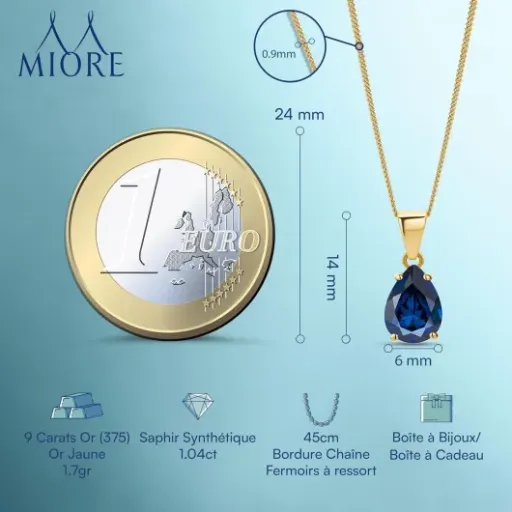 Test collier MIORE or 9 carats saphir synthèse : joli petit pendentif pour cadeau sans se ruiner