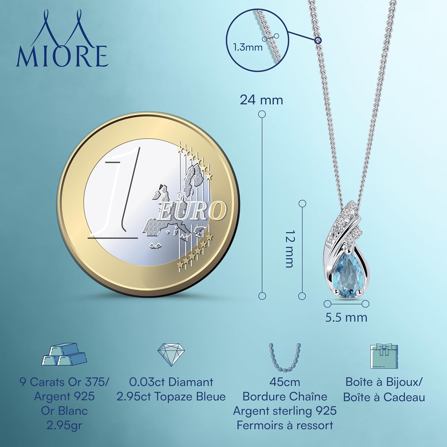 Collier Femme, Pendentif Or Blanc/Or Jaune 9K 375, Chaine Argent/Plaqué Or 18 Ct, Pendentif Pierre Naturelle Topaze et Diamants, Chaine Gourmette, Bijoux Femme Non allergène, Avec Boite a Bijoux bleu