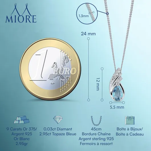 Collier Femme, Pendentif Or Blanc/Or Jaune 9K 375, Chaine Argent/Plaqué Or 18 Ct, Pendentif Pierre Naturelle Topaze et Diamants, Chaine Gourmette, Bijoux Femme Non allergène, Avec Boite a Bijoux bleu