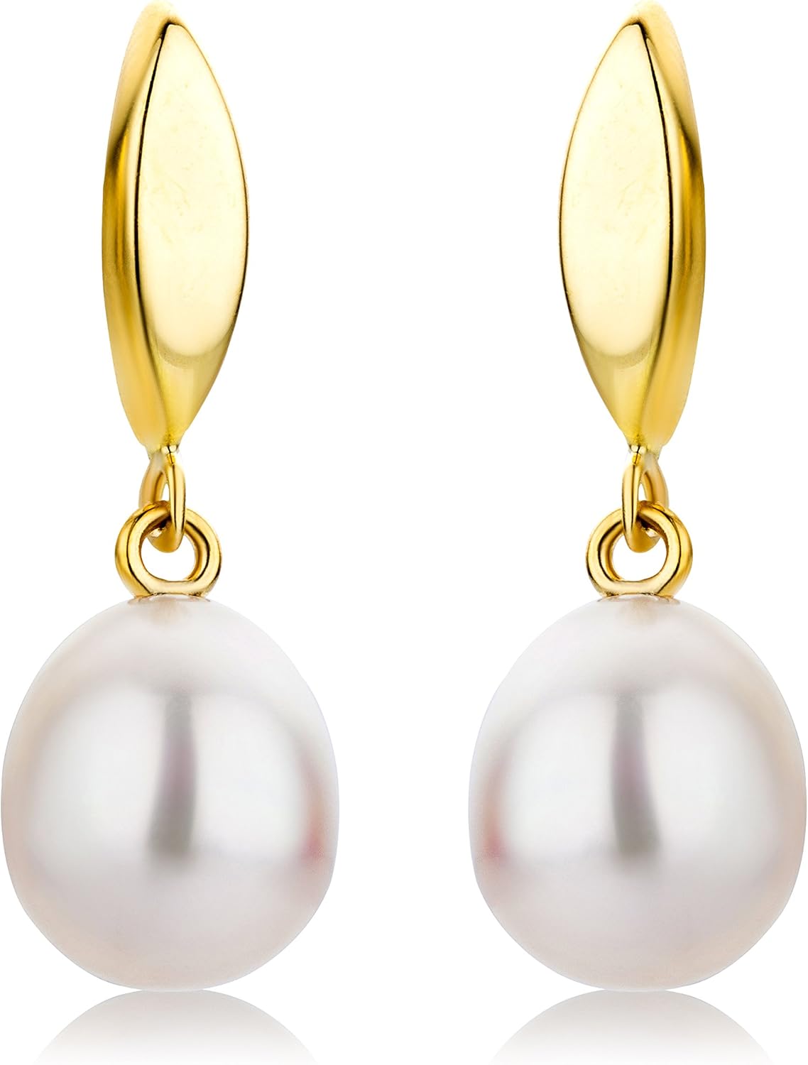 Boucles d'Oreilles Femme, Pendantes, Or 9 ct 375, Perles d'eau douce blanches 8mm, Design élégant en forme de feuille, Fermoirs poussettes papillon, Bijoux Femme avec Boîte à Bijoux