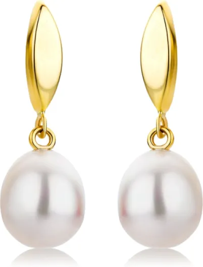 Boucles d'Oreilles Femme, Pendantes, Or 9 ct 375, Perles d'eau douce blanches 8mm, Design élégant en forme de feuille, Fermoirs poussettes papillon, Bijoux Femme avec Boîte à Bijoux