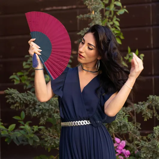 Eventail Mariage Bleu et Cyclamen Pliant en Bois et Soie avec étui - Ventilateur de Poche Femme Elegant - Eventail Japonais - éventail cérémonie bois et soie Soie Bleu et Cyclamen